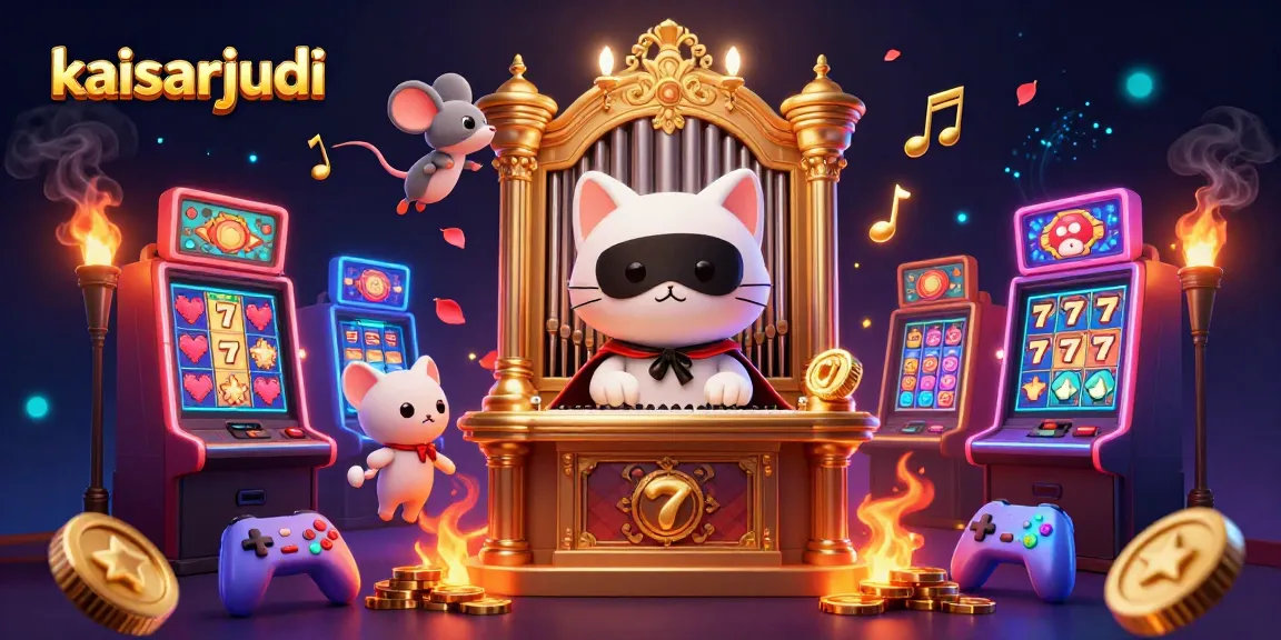 Kaisarjudi engages players with a vibrant 3D casino scene showcasing a lucky white cat character at an ornate pipe organ.