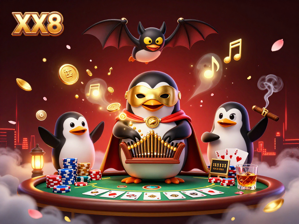 Engage with the thrilling world of XX8 as a phantom opera penguin orchestrates gameplay amidst golden coins and poker elements.