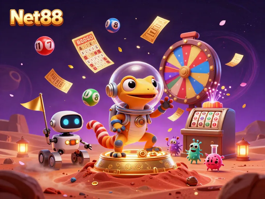 Experience thrilling adventures at Net88 with a cartoon Martian gecko discovering a golden casino.