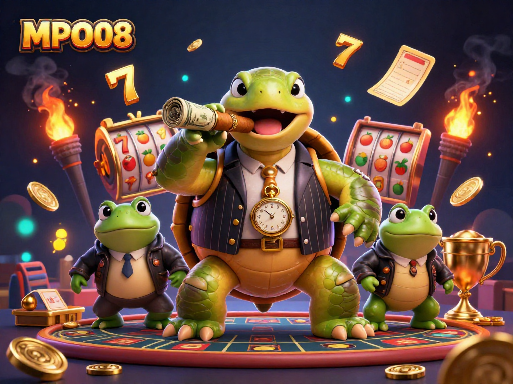 MPO08 showcases a vibrant casino scene featuring a snapping turtle in a mobster suit, dynamic slot reels, and casino elements.