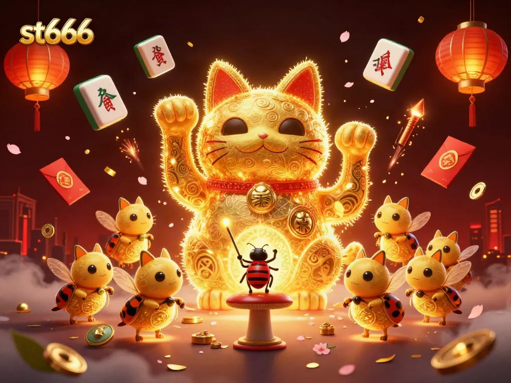 Experience the vibrant st666 casino world with a lucky cat formed by fireflies, surrounded by interactive elements.