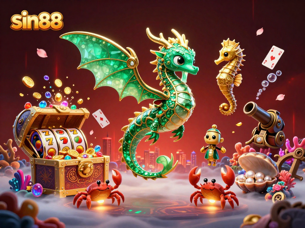 Engage with sin88's vibrant 3D casino world featuring a sea dragon and golden treasures.
