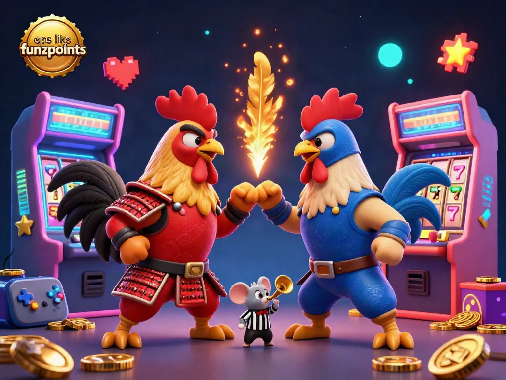 Engage with apps like funzpoints in a vibrant 3D scene featuring cartoon roosters in a casino showdown.