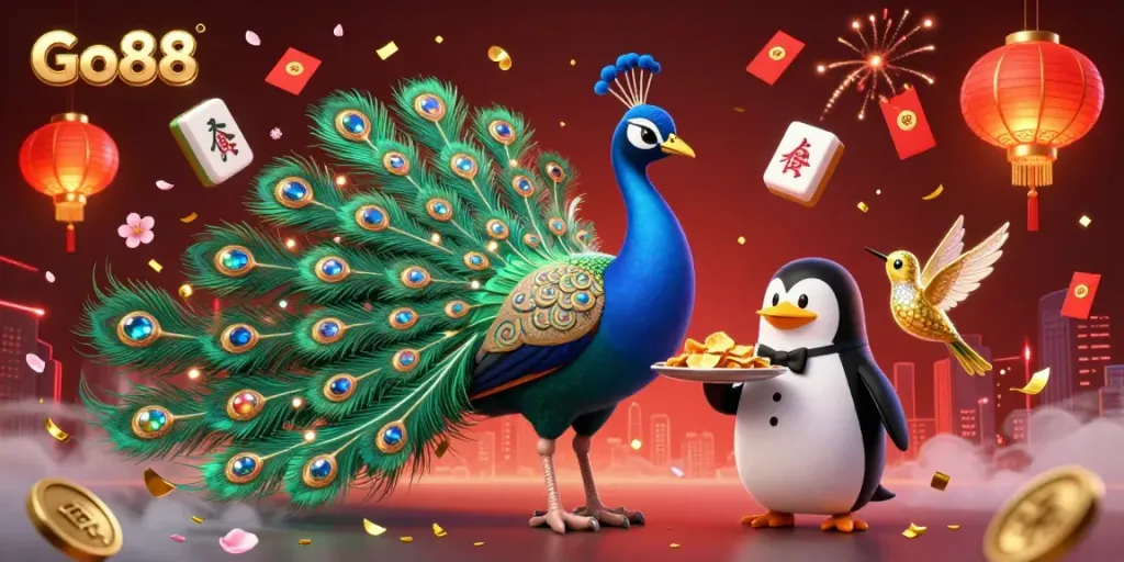 Experience the exhilarating world of Go88 with an illustration of vibrant characters celebrating casino games amidst festive decorations.