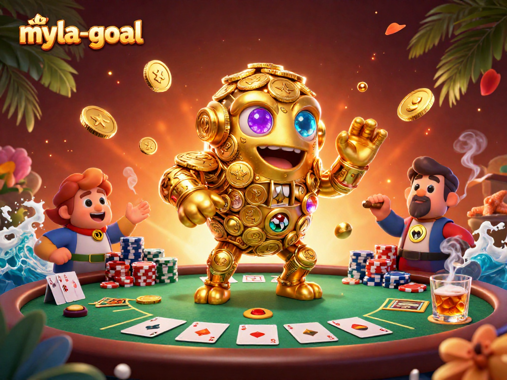 Experience high-stakes action with myla-goal's 3D golden golem at a lively poker table.