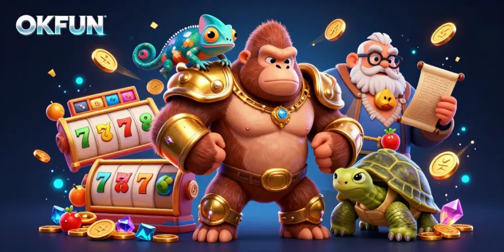 Engaging players at OKFUN with vibrant slot reels, as a powerful gorilla and wise tortoise capture the excitement of gambling.