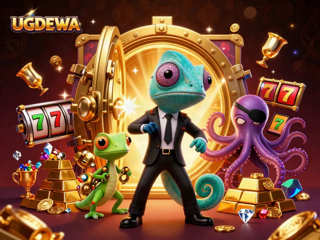 Engage with thrilling slots at UGDEWA featuring vibrant characters, gold treasures, and slot reels.