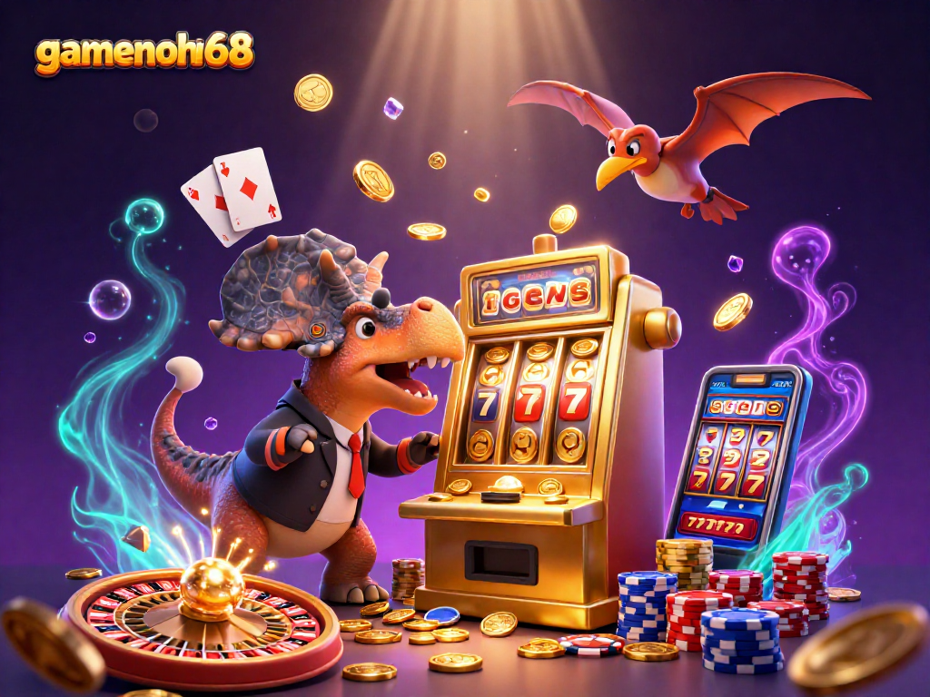 Spin jackpot reels and win treasures with gamenohu68, cartoon dinosaurs in lively casino action!