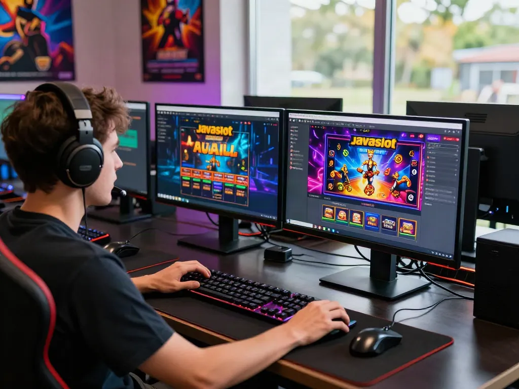 Pengguna Javaslot bermain game online dengan headset di meja modern, dikelilingi poster dan cahaya LED.