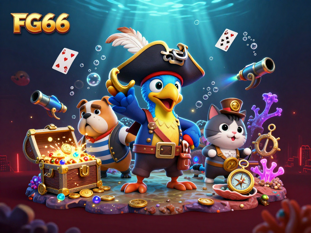 FG66 showcases an engaging scene with a pirate captain and animals amidst casino-themed treasures.
