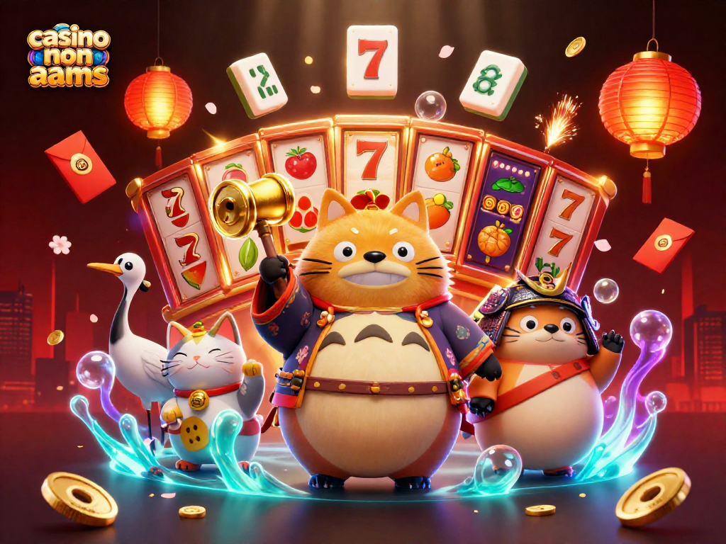 Immagine colorata di un tanuki e gatti fortunati in un casinò non aams mentre vincono mega jackpot.