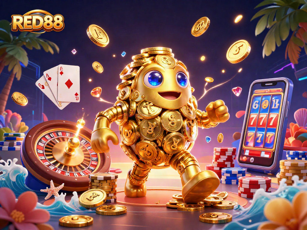 Experience thrilling wins at RED88 with vibrant casino elements and a golden golem in an electrifying scene.