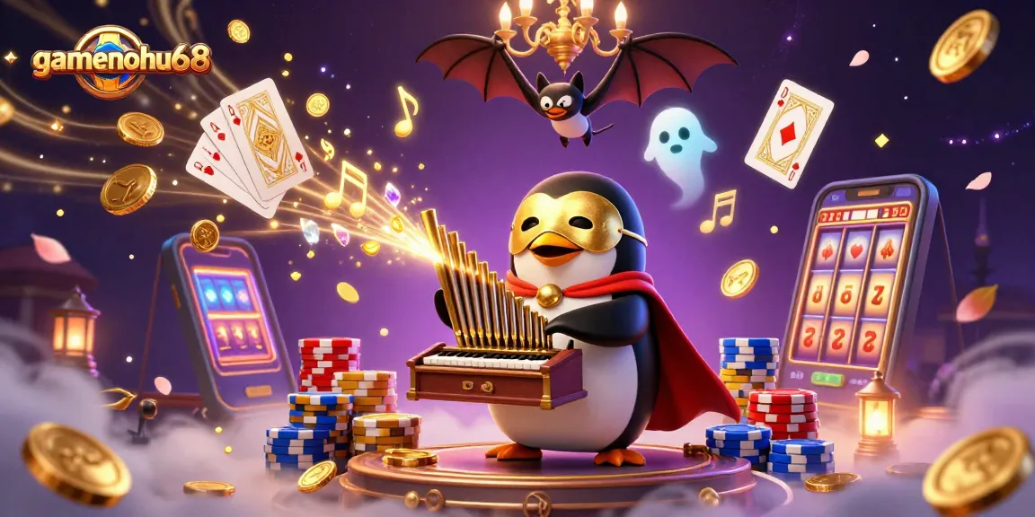 Experience gamenohu68’s vibrant casino scene featuring a phantom penguin, golden coins, and dynamic gaming elements.