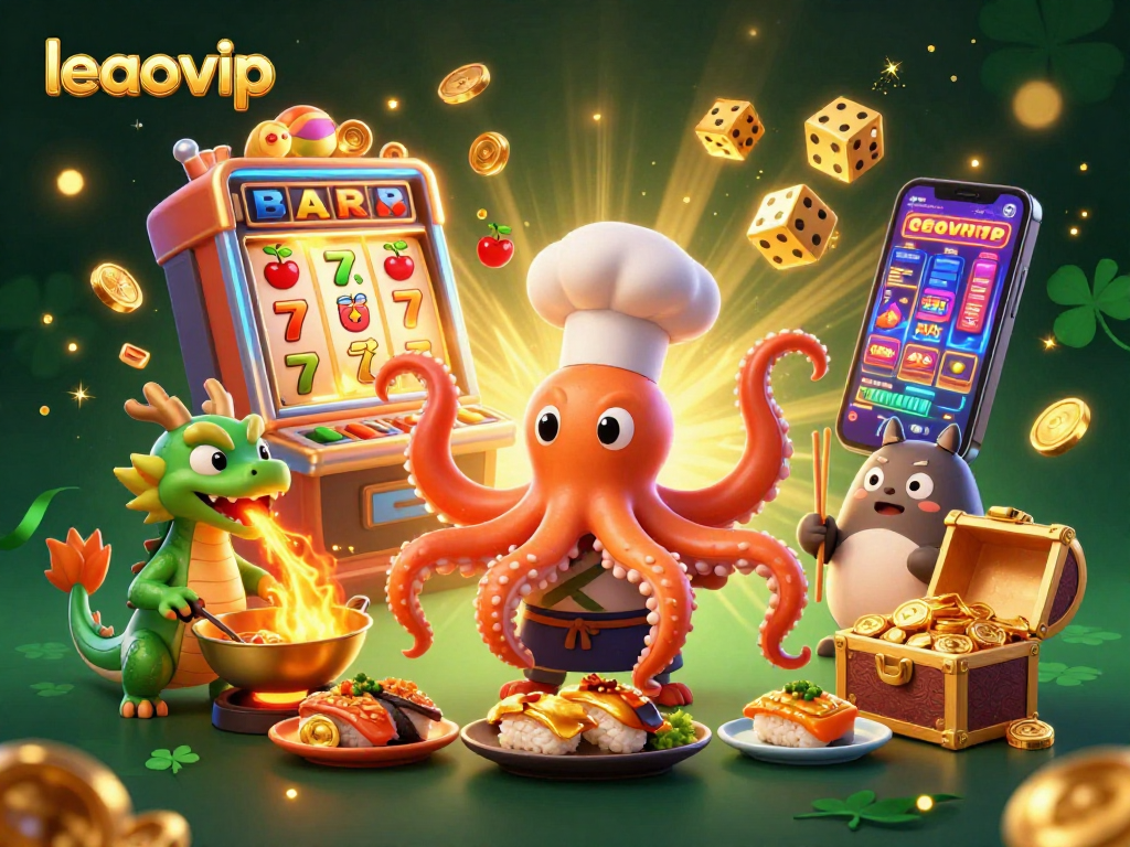 Experience immersive gambling fun with leaovip in this lively casino-themed illustration featuring an octopus chef and a dragon.