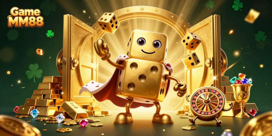 Experience the excitement of Game MM88 with vibrant golden dice and casino elements in a thrilling illustration.