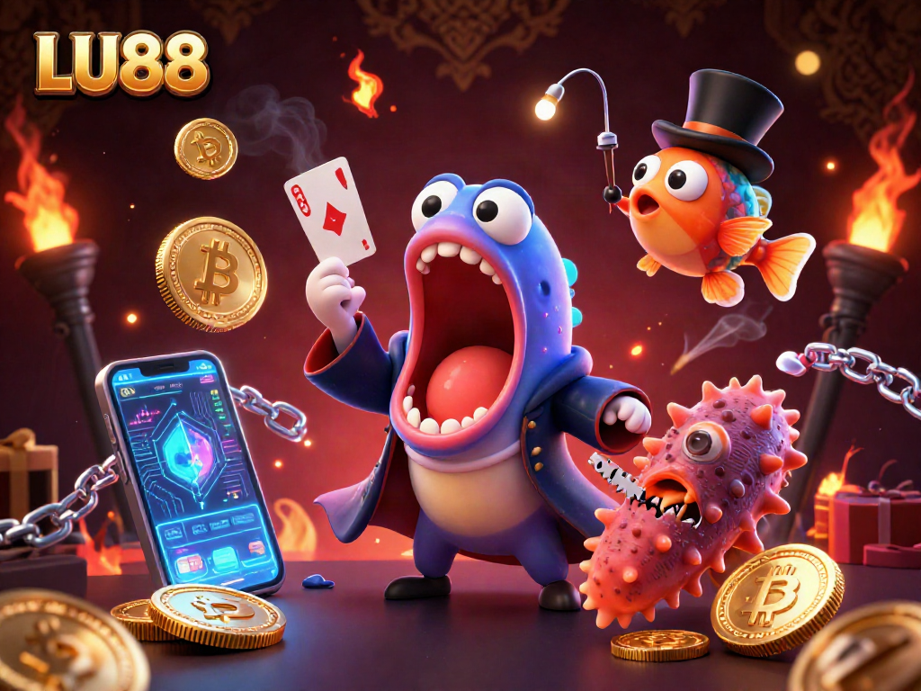LU88 engages players with an exciting scene featuring magical card tricks and glowing crypto elements.