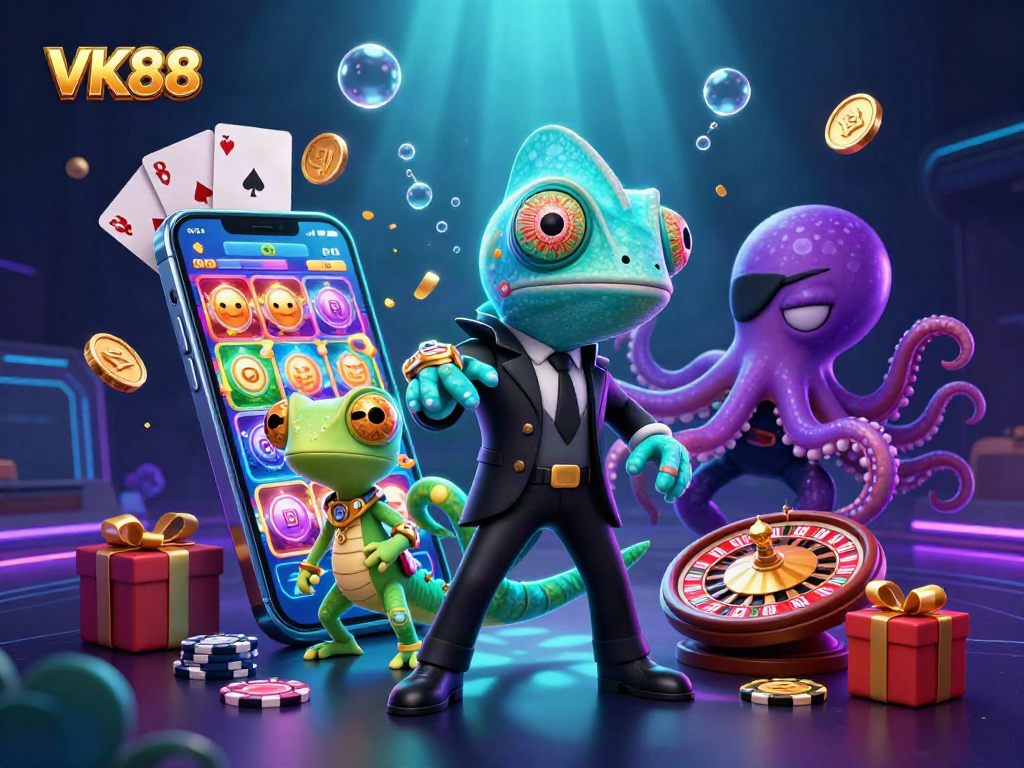 Engage with VK88's vibrant gaming experience featuring colorful slot reels and dynamic casino elements.