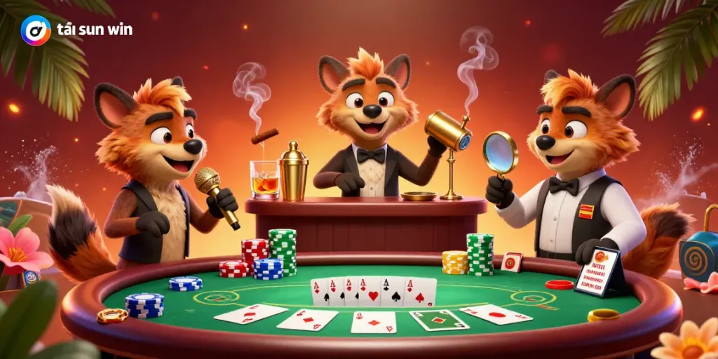 Experience the excitement of tải sun win with a lively casino scene featuring cartoon hyenas at play.