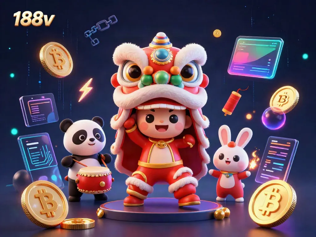 Experience thrilling gameplay with 188v in this dynamic casino scene featuring cryptocurrencies and festive characters.
