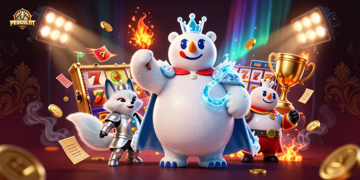 Menangkan PESGSLOT dengan slot reel yang berputar, dikelilingi oleh karakter menarik dan element jackpot.