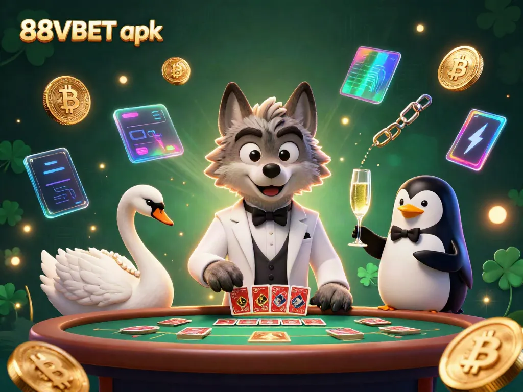 Play thrilling casino games with the 88VBET apk featuring a vibrant 3D illustration of friendly characters.