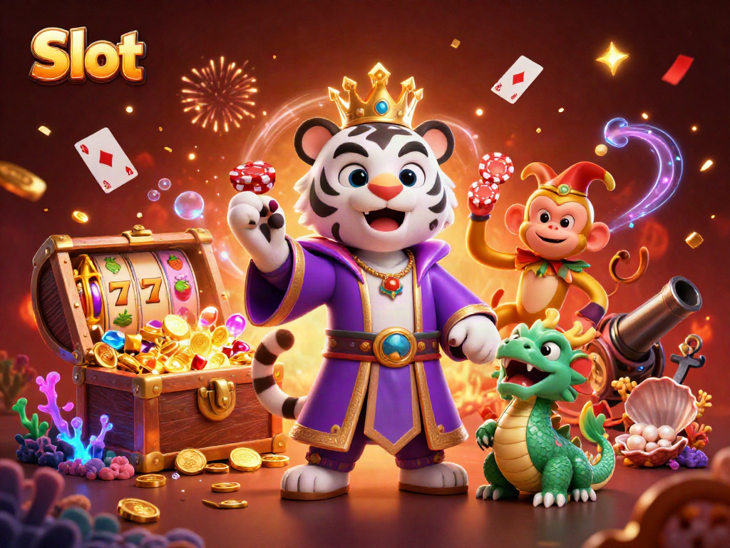 Engage with the Slot experience through vibrant 3D art featuring a royal tiger, jester monkey, and dragon.