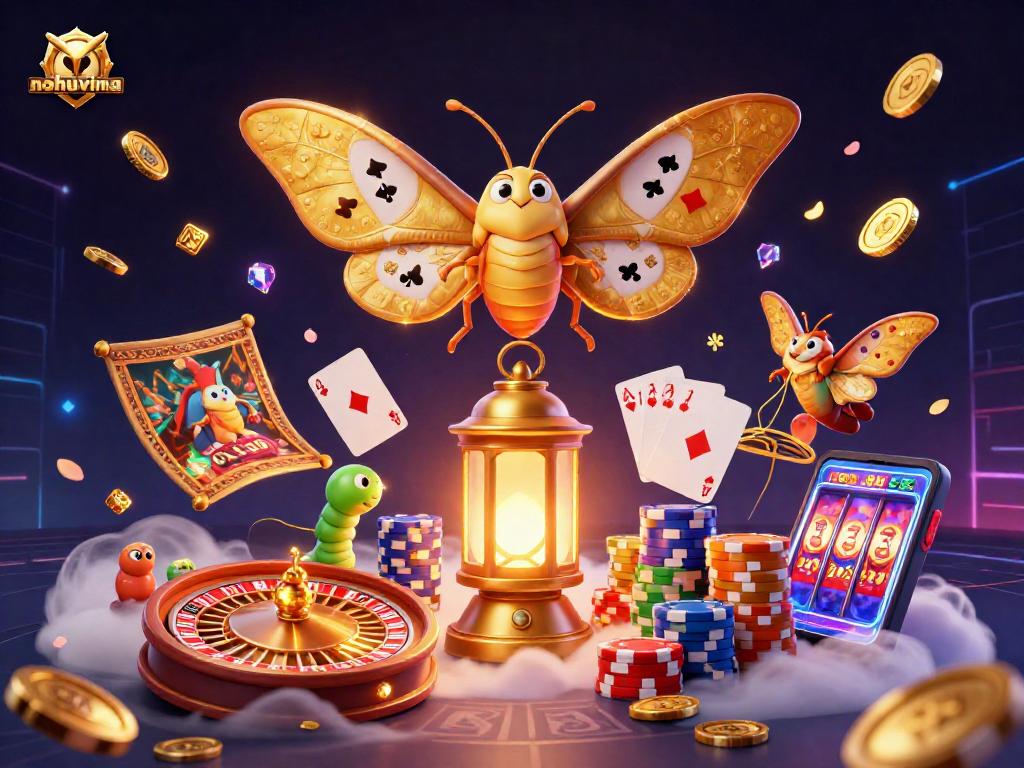 Nohuvina showcases vibrant casino scenes with a majestic moth and golden treasures.