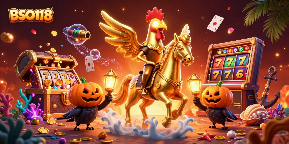 Experience BSO118's vibrant casino scene with a golden rooster hero, floating cards, and jackpot treasures.