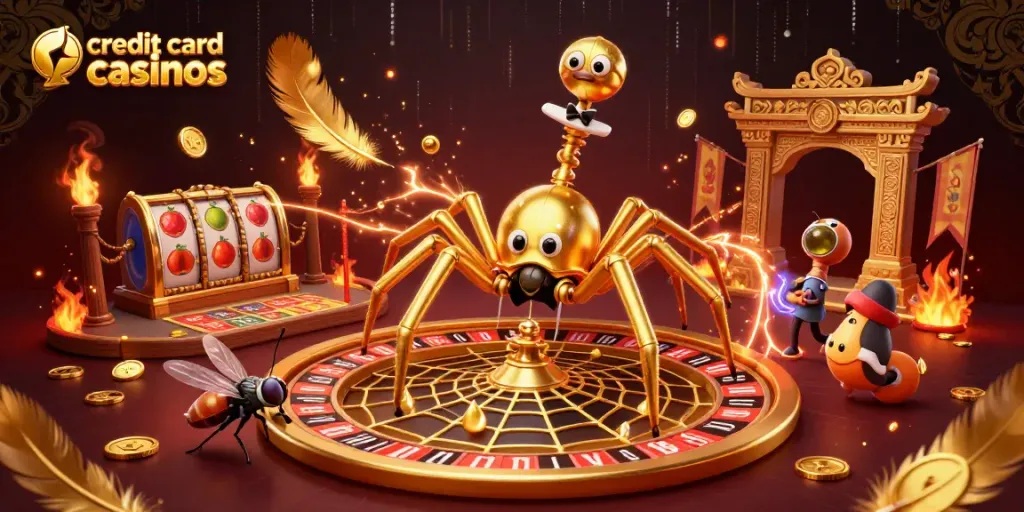 Experience thrilling credit card casinos as a 3D spider spins a roulette web of excitement with tokens scattered around.