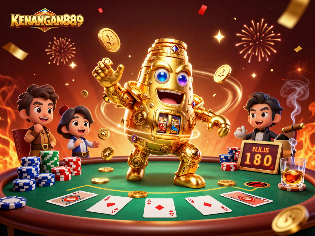 Engage with KENANGAN889's dynamic poker scene showcasing a golden golem amidst vibrant game elements.