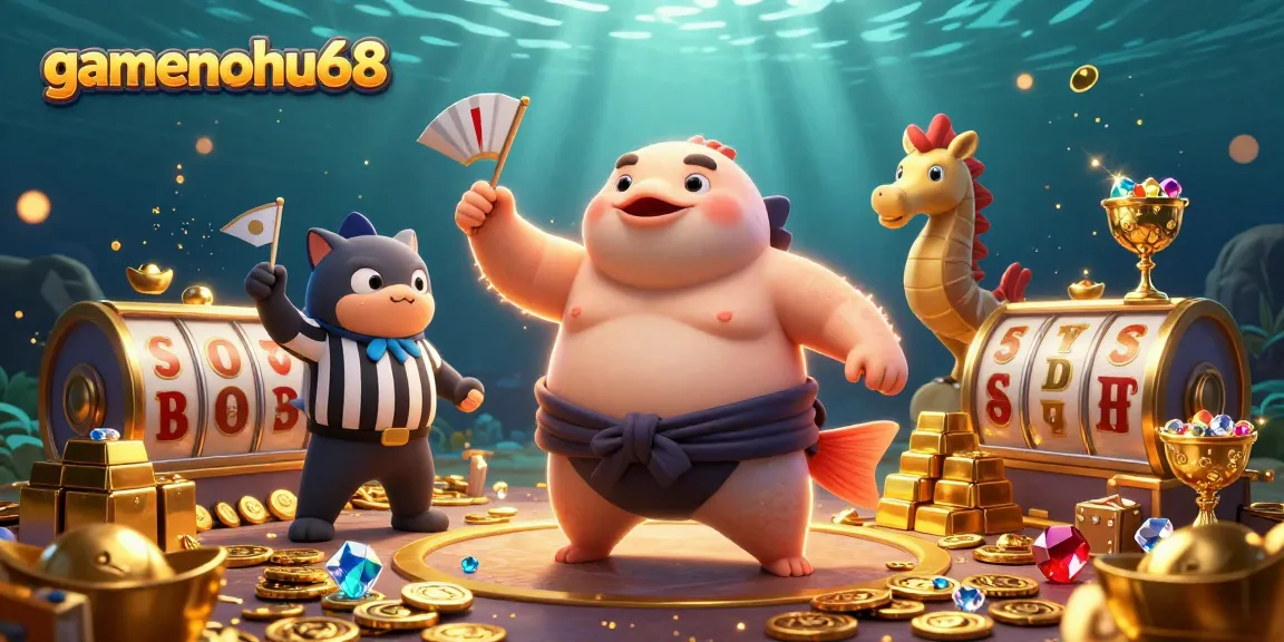 gamenohu68 immerses players in vibrant underwater slot action with animated seahorse spectators and treasure.