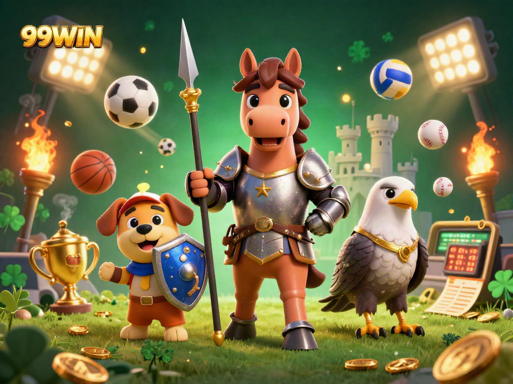 Engage in thrilling sports betting action with 99WIN, featuring a knight and squire amid vibrant game elements.