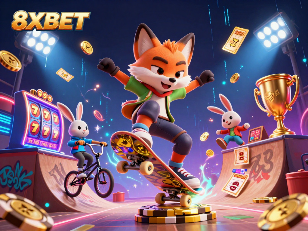 Experience thrilling gaming at 8XBET with dynamic casino illustrations showcasing vibrant slots and energetic characters.