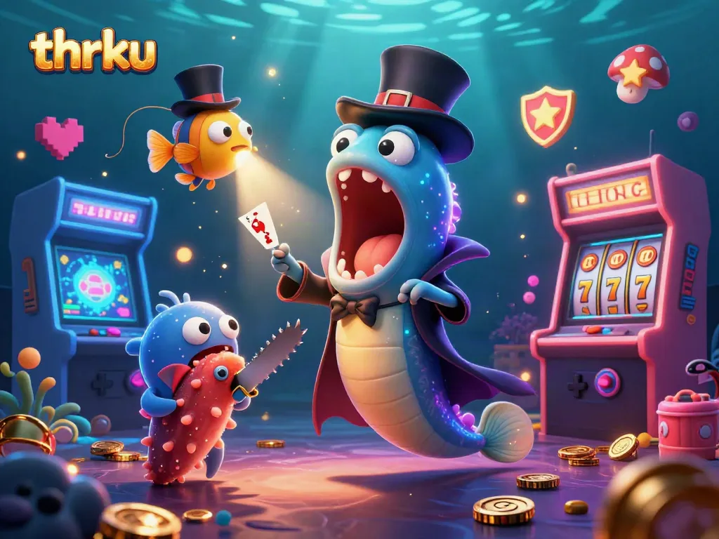 thrku showcases a vibrant 3D casino scene with bioluminescent characters performing magic tricks while surrounded by gaming elements
