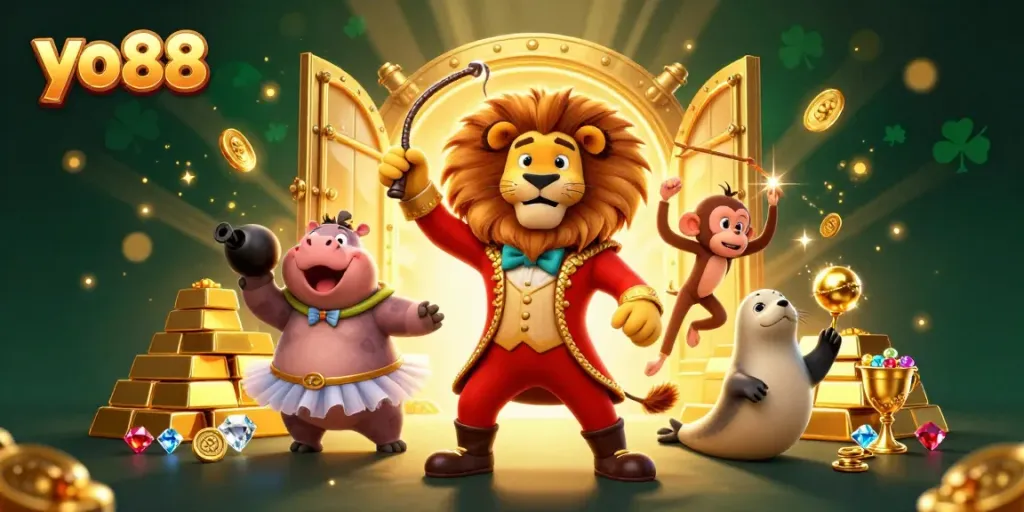 Experience thrilling action at yo88 casino with vibrant cartoon characters and sparkling treasures.