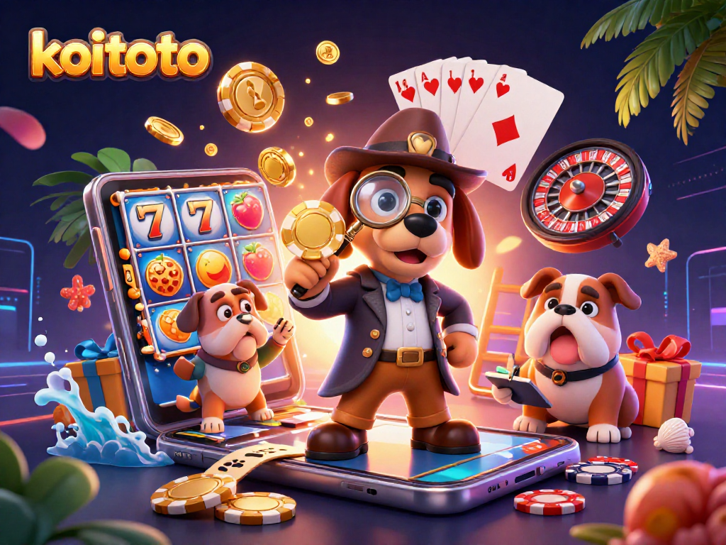 Koitoto mempersembahkan ilustrasi casino yang menampilkan detektif dan elemen slot penuh warna untuk menarik pemain.