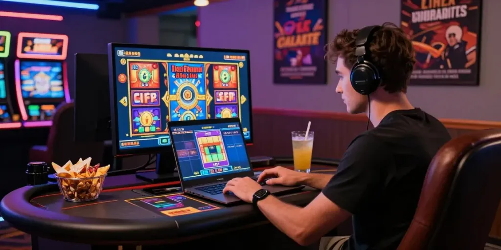 Engaging with lotus365 online gaming platform, vibrant casino atmosphere.