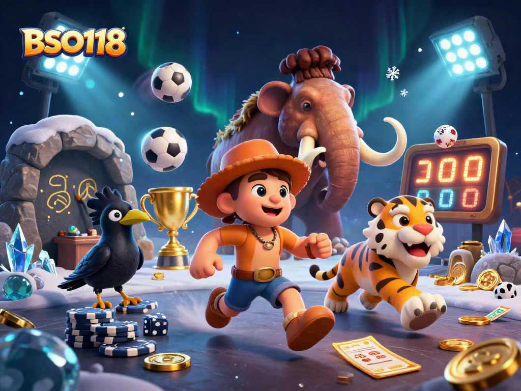 Place bets at BSO118 with a thrilling prehistoric casino, featuring a caveman duo and sports elements.