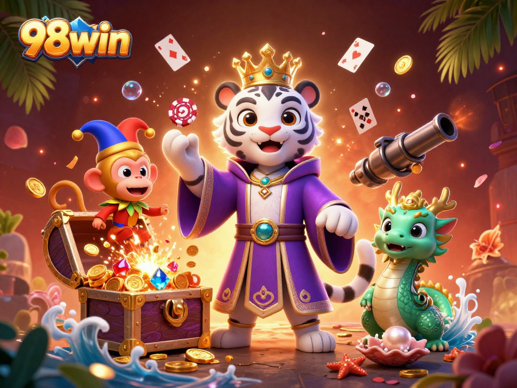 Experience the thrill of 98win with an energetic scene of champions and treasures in a vibrant casino world.