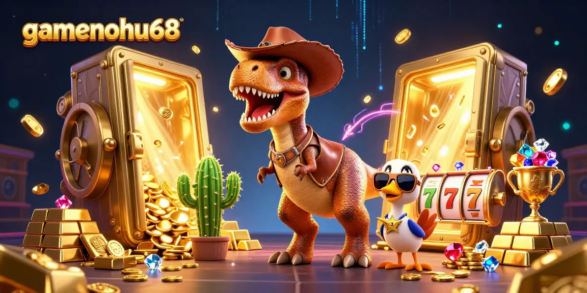 Experience gamenohu68 in a vibrant casino scene with T-Rex, cactus, and roadrunner amidst riches and slot elements.