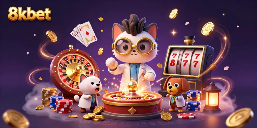 Play and win with 8kbet in an exciting casino atmosphere filled with golden coins and vibrant games.