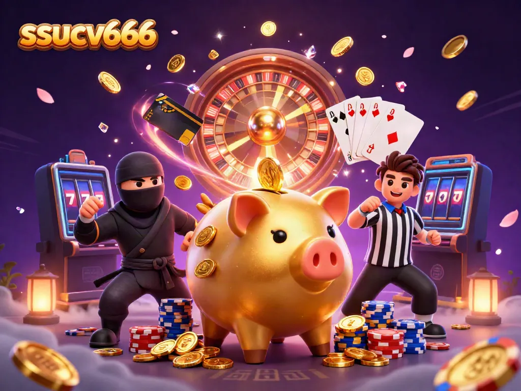 Experience the excitement of ssucv666 with a piggy bank sumo wrestler shaking loose coins and gaming elements.