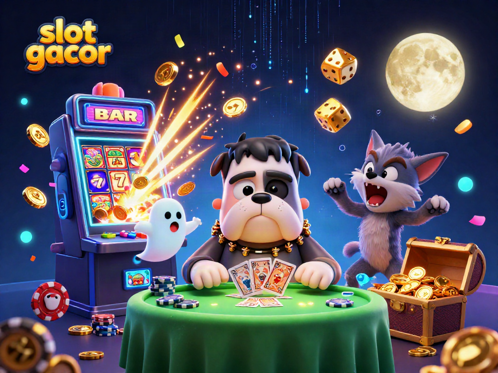 Engage with slot gacor excitement in a vibrant casino scene featuring unique characters and dynamic visuals.