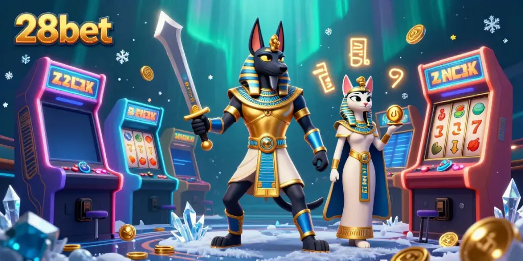 Win big with 28bet's games featuring Egyptian warrior Anubis and Bastet in a colorful casino scene.