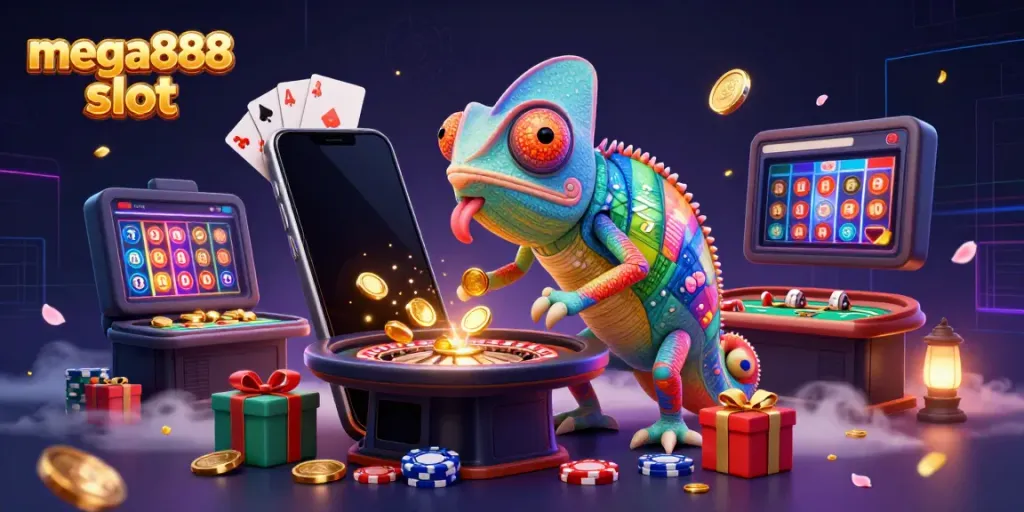 Experience exciting mega888 slot gameplay in a vibrant 3D casino scene filled with rich visuals.