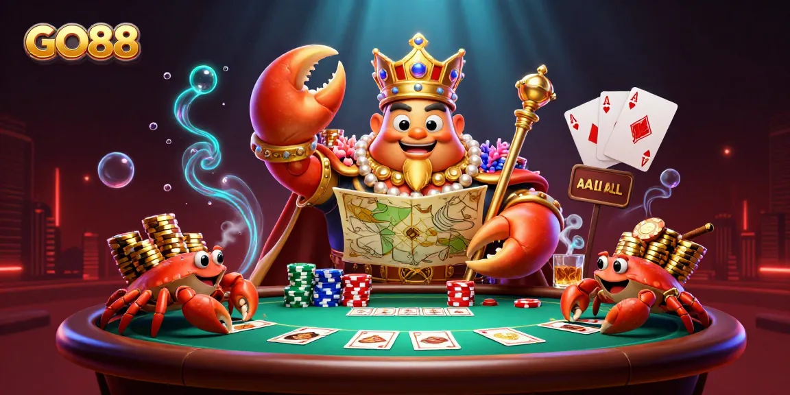 Engage with GO88's vibrant casino experience featuring a golden crab emperor amidst thrilling game elements.
