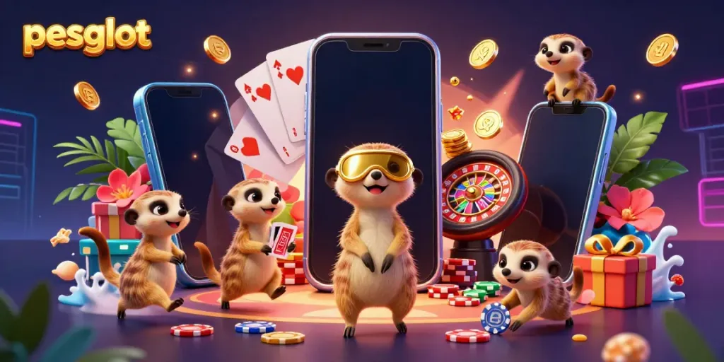 Experience the thrilling atmosphere of pesgslot with a vibrant meerkat casino scene showcasing exciting game elements.