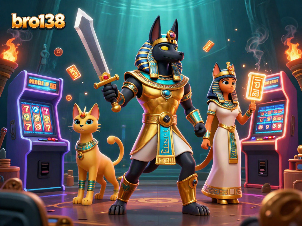 Engage with bro138's thrilling slots experience featuring Anubis and Bastet in a lively gaming scene.