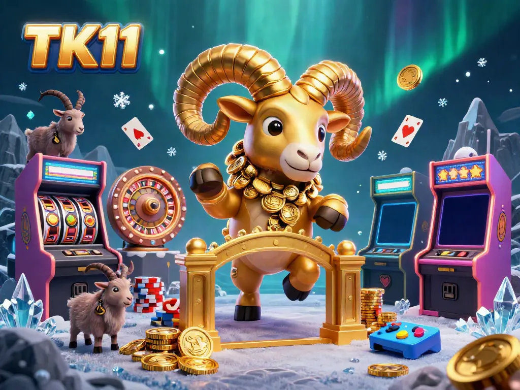 Experience the thrilling adventure in TK11, featuring cartoonish golden ram charging through a dazzling casino landscape.