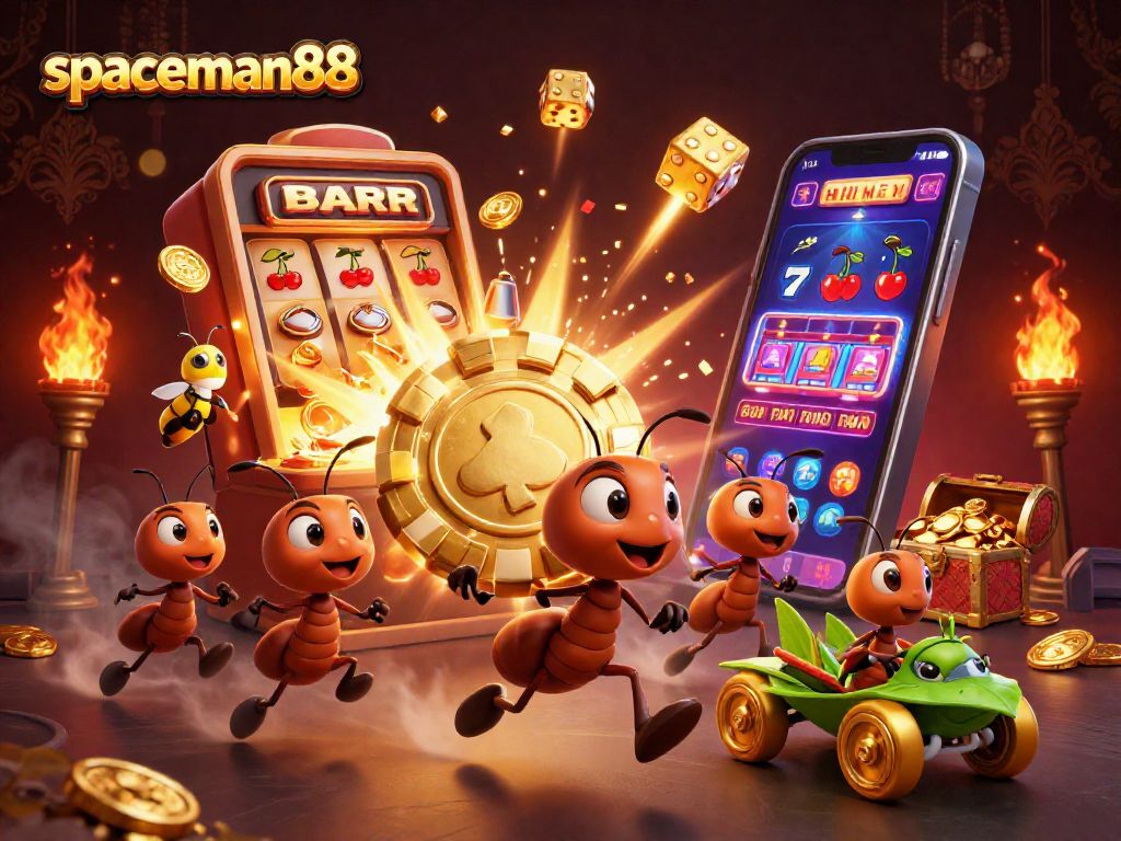 Join the spaceman88 team of clever ants on a vibrant heist, surrounded by animated casino elements.